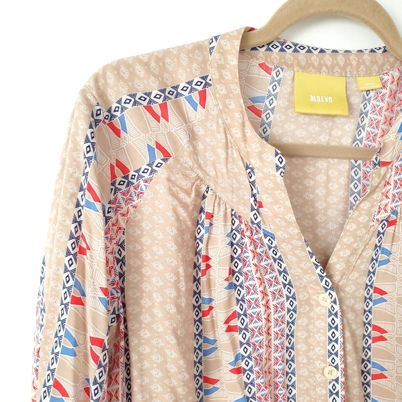 Maeve x Anthropologie Lt Brown Blue & Red 3/4 Sleeve Blouse - Picture 2 of 8